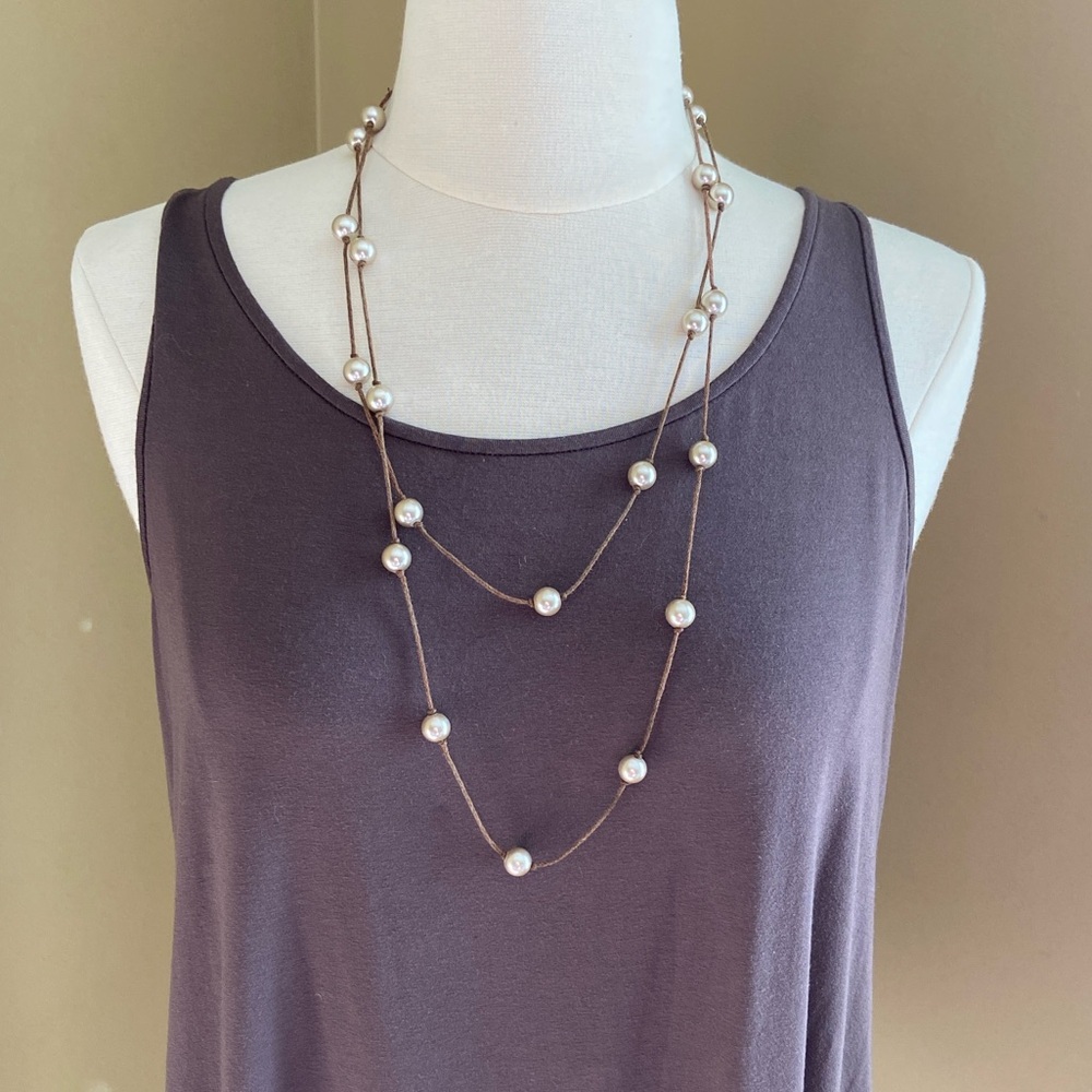 Faux Pearl Necklace On Brown Cord